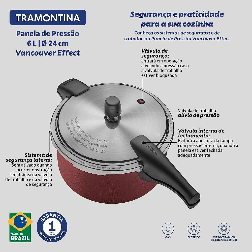 Panela de pressão tramontina 6 litros grande vancouver vermelha