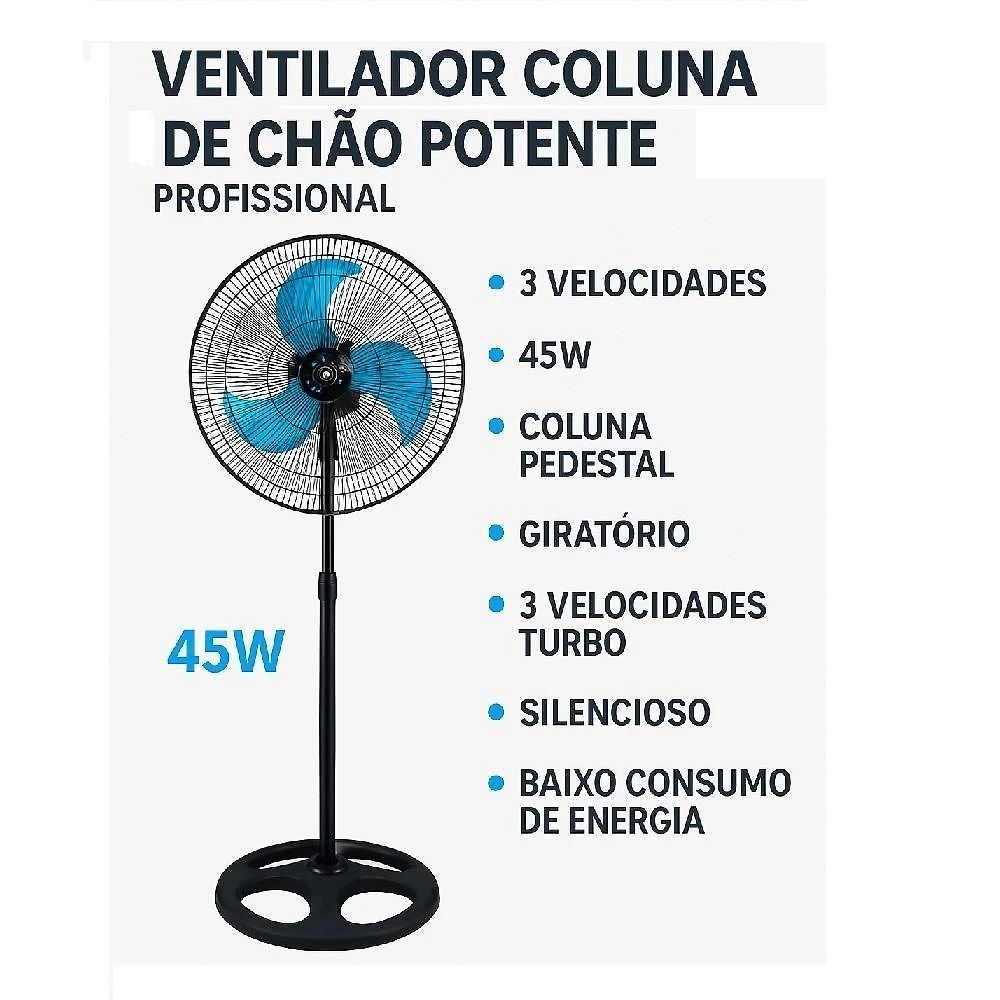 Miniatura Ventilador Coluna 220V De Chao Potente Profissional 3 Velocidades 45w Coluna Pedestal Giratorio 3 Velocidades Turbo Sile
