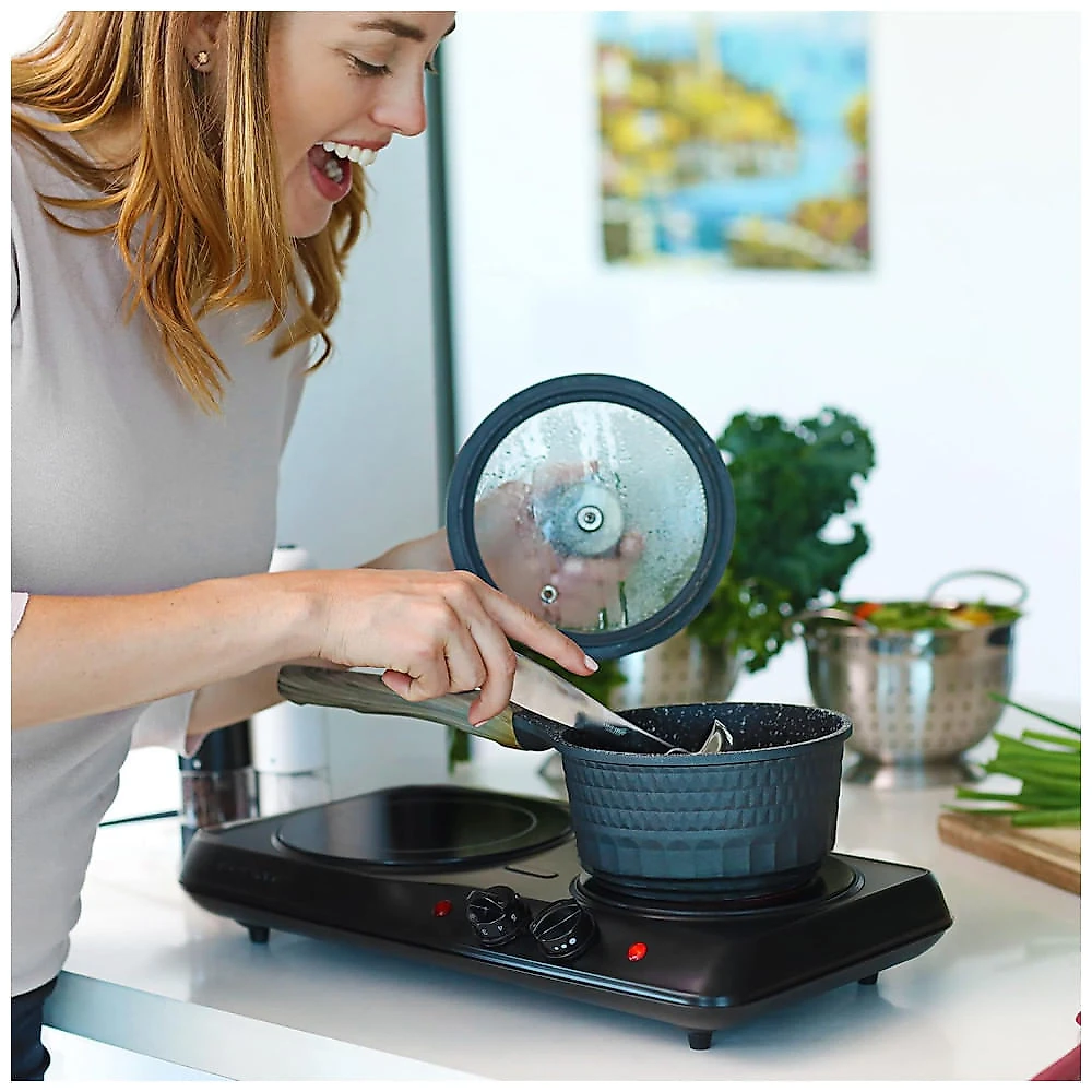 Cooktop Duplo Infravermelho OVENTE, 1700W, Placa Elétrica Portátil com Cooktop de Vidro Cerâmico de 19,7cm e 17,1cm, 5 Níveis de Ajuste de