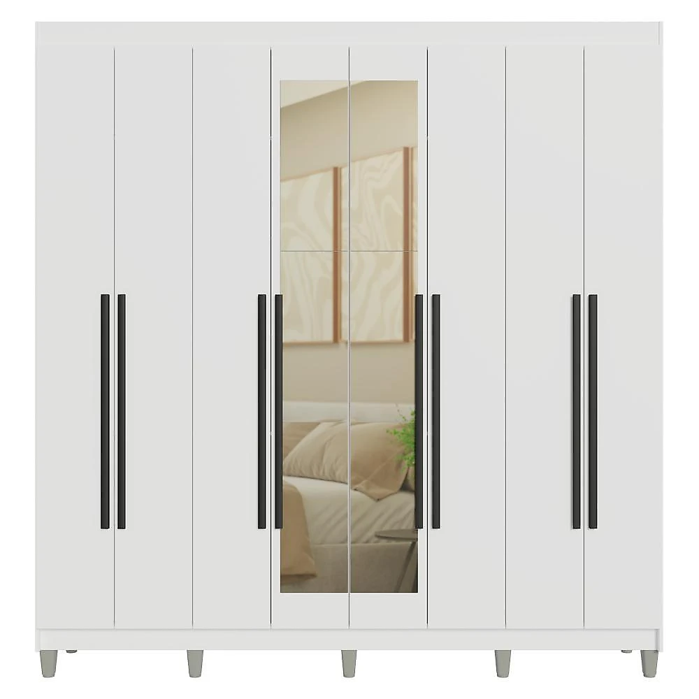 Guarda-roupa casal com pés 8 portas batentes com espelho branco/branco/preto netuno madesa