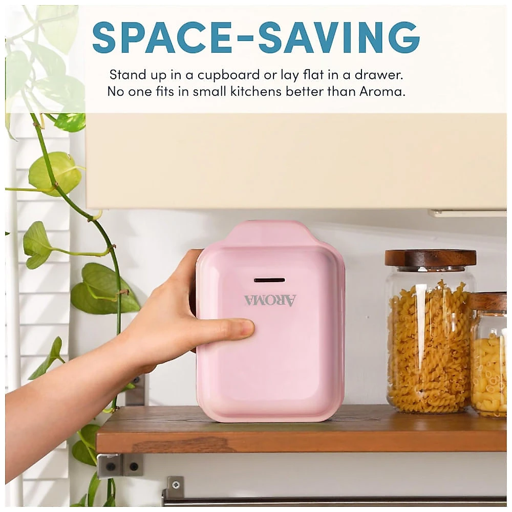 Sanduicheira Elétrica 3 em 1 AROMA Rosa 600W Placas Cerâmicas Removíveis 120V 19x14x9 cm