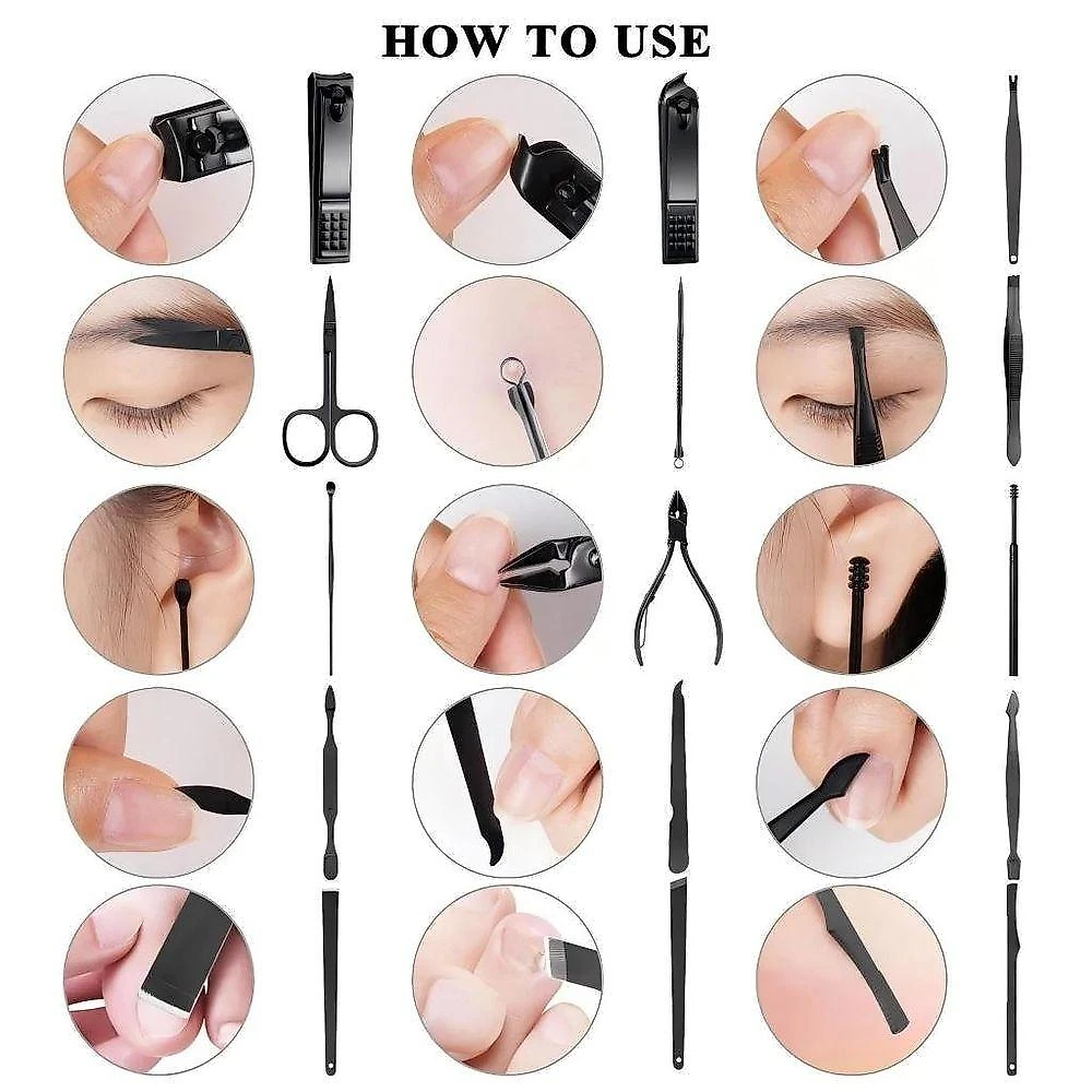 Kit para Manicure e Pedicure 16 Peças em Aço Inoxidável com Estojo Tecido Couro PU Azul Cinza Preto