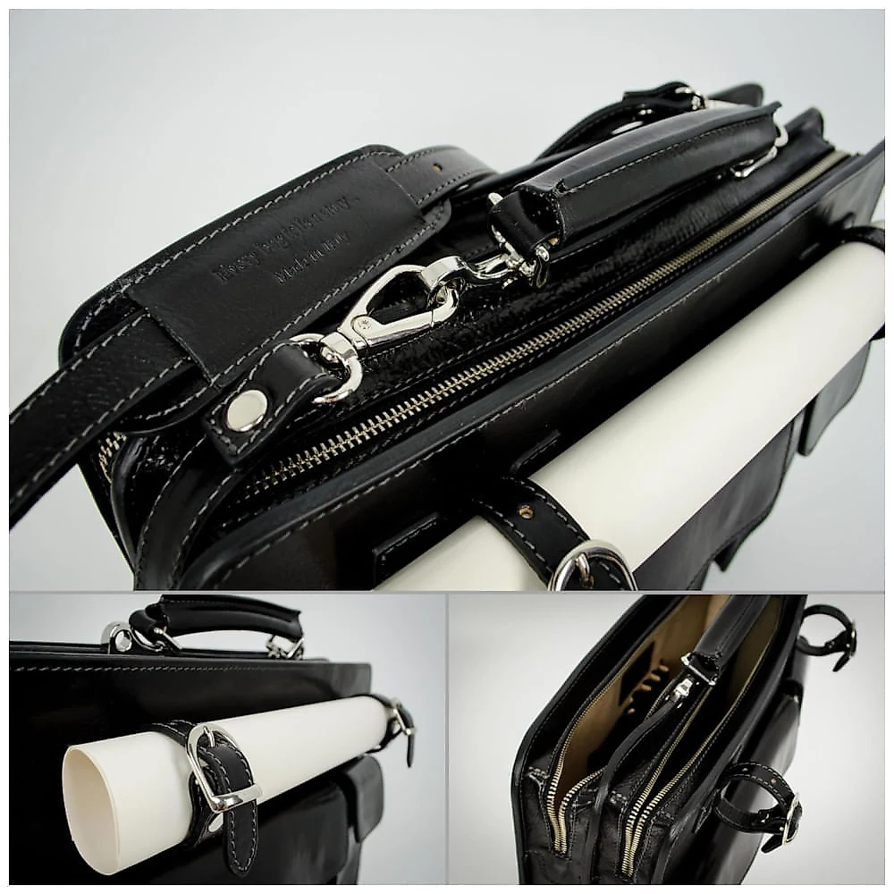 Bolsa Carteiro Masculina de Couro Italiano de Flor Integral para Laptop com 15 Polegadas, Time Resistance, Preta 110v