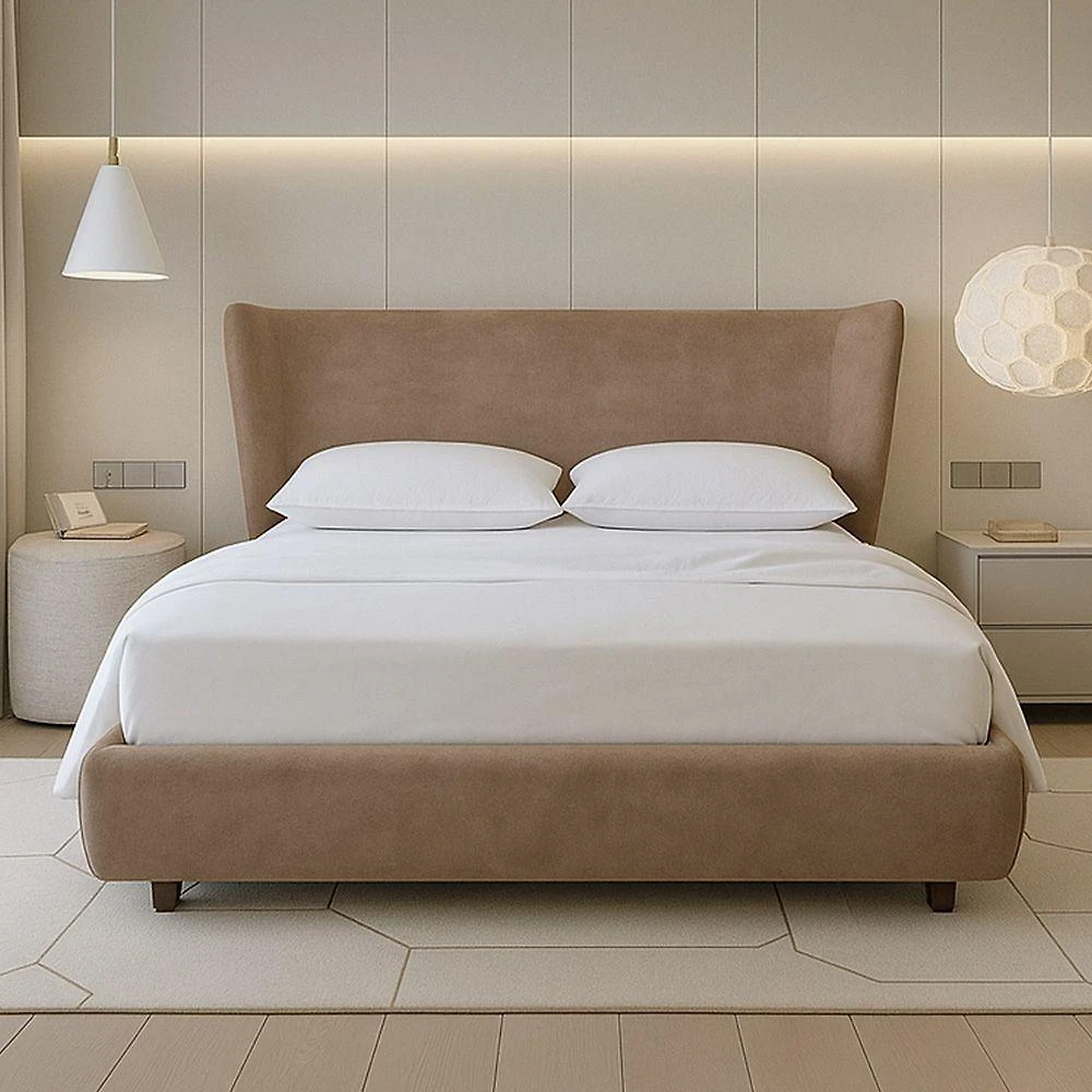 Cama Japonesa Queen Seo com Cabeceira Veludo Marrom Clarinho Madeira Sala Nobre