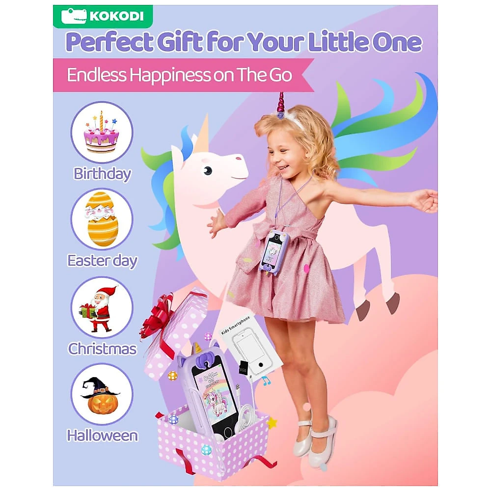 Telefone Brinquedo Infantil KOKODI Unicórnio Para Meninas 3-10 Anos, Tela Touchscreen HD, Câmera Dupla, 8GB, Brinquedo Educativo Para Viagem.