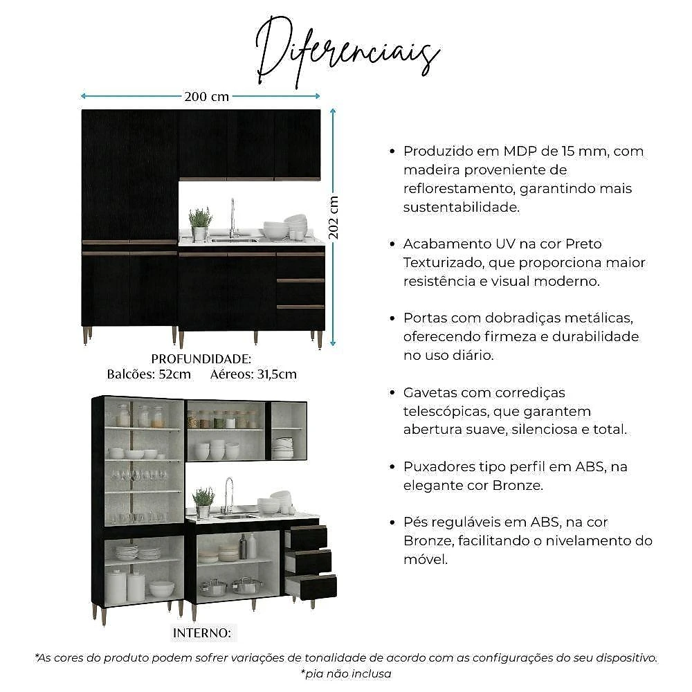 Armário de Cozinha Milão 3 Peças 3 Portas 2 Gavetas MDF MDP 200CM Preto