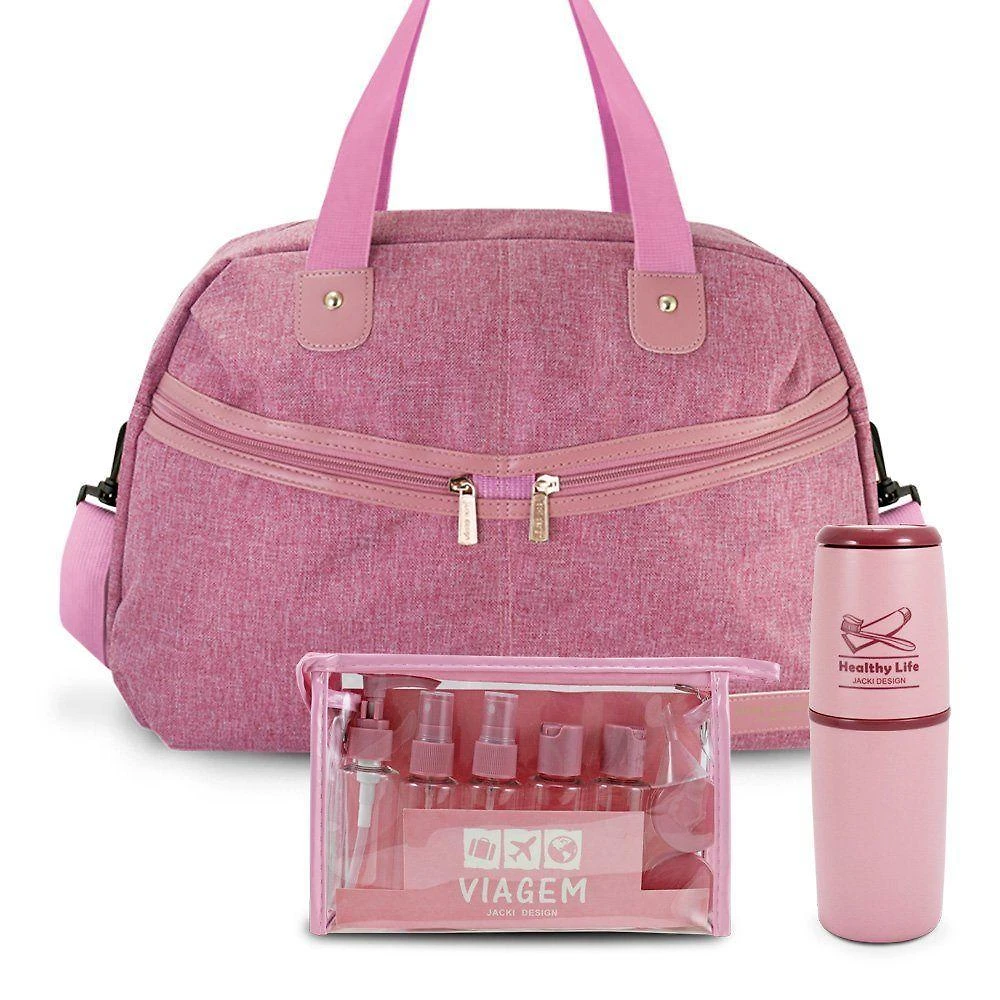 Kit Bolsa De Viagem + Porta Escova De Dente + Frascos De Viagem 10 Peças Rosa