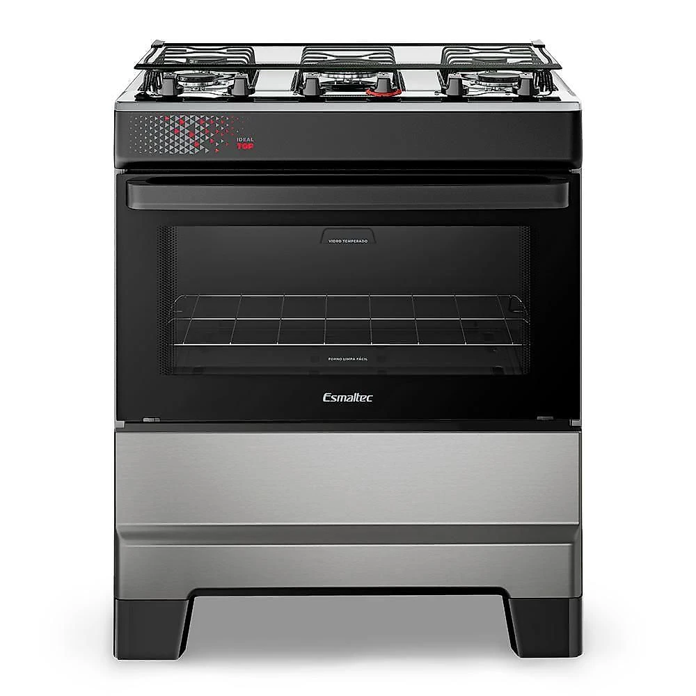 Fogão A Gás Mesa Inox Tampa De Vidro Forno 84L Esmaltec Ideal Top Inox 5 Bocas Bivolt