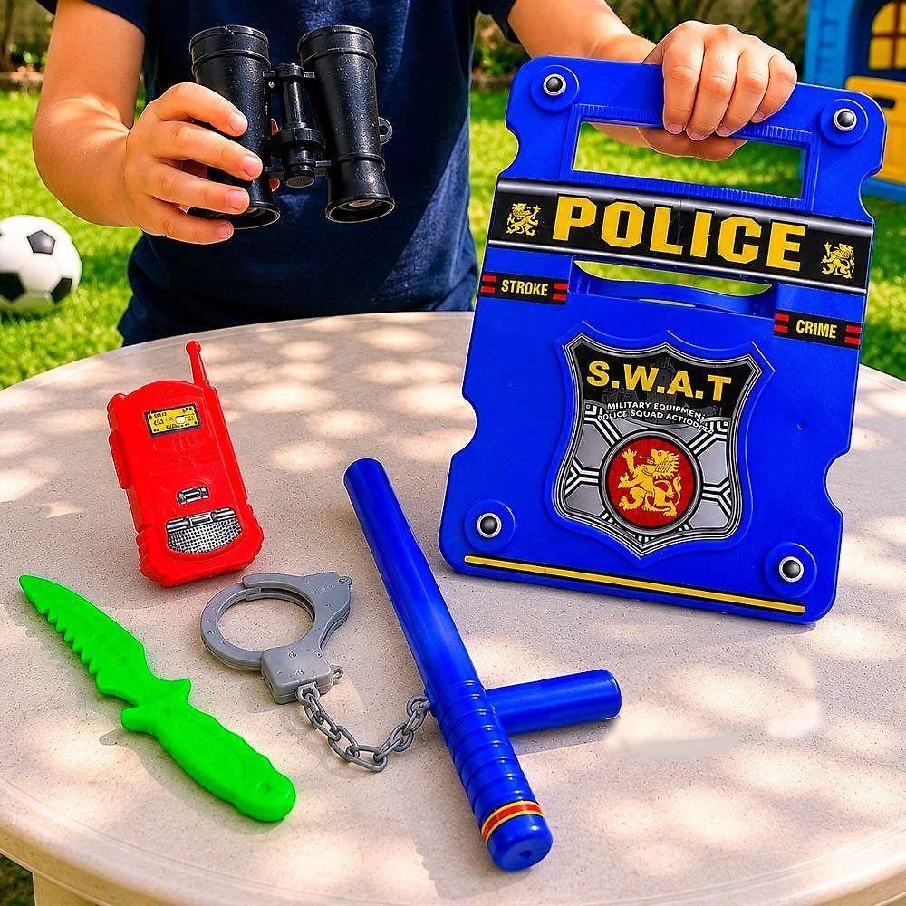 Kit Brinquedo Infantil Policial com Escudo e Acessórios Plástico Azul