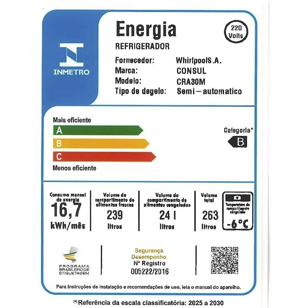 Geladeira Consul Degelo Seco CRA30MB, 263 Litros, Branca - 220 Volts