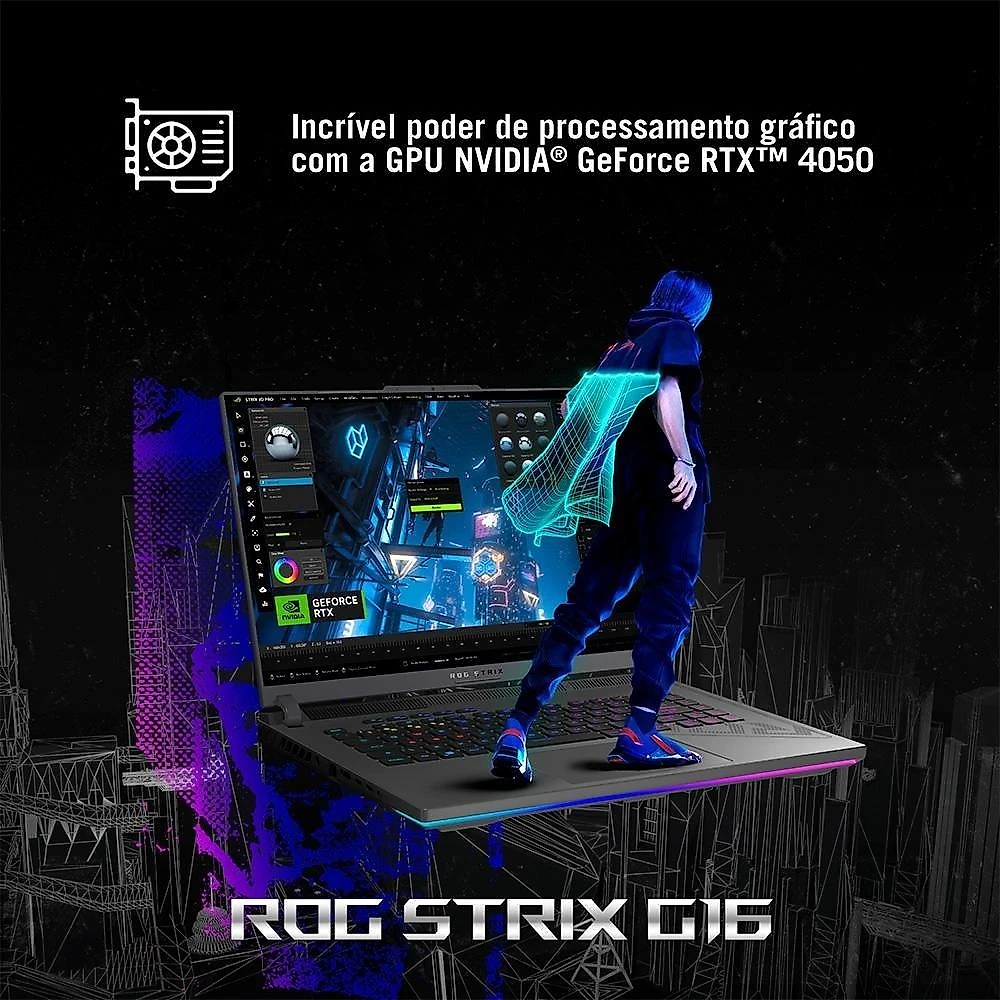 Notebook Gamer ASUS Rog Strix G16 Intel Core I7, 8gb Ram, GeForce Rtx 4050, Ssd 512gb, 16" Fhd, 165hz, Keepos, Eclipse Gray - G614ju-N3367