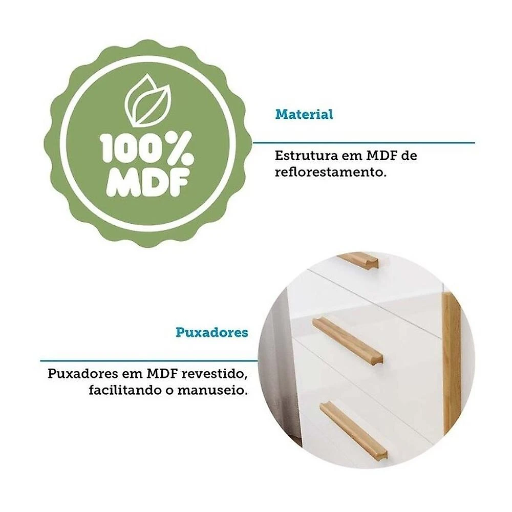 Quarto de Bebê com Berço Guarda-roupa e Cômoda com Janelas 100% Mdf Retrô Kakau Espresso Móveis Branco Brilho/Amêndoa