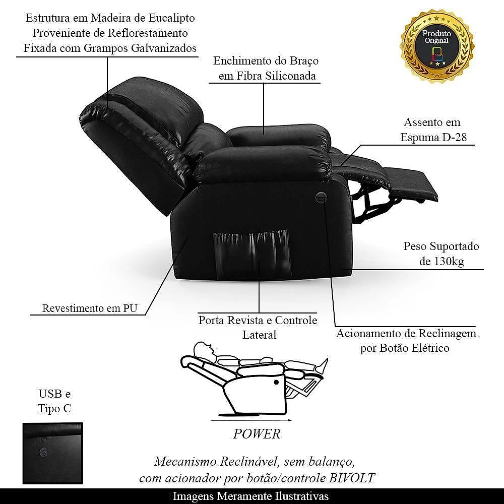 Poltrona Do Papai Reclinável Melim Controle Power Elétrico Usb Pu Preto B Fh1 - D'rossi