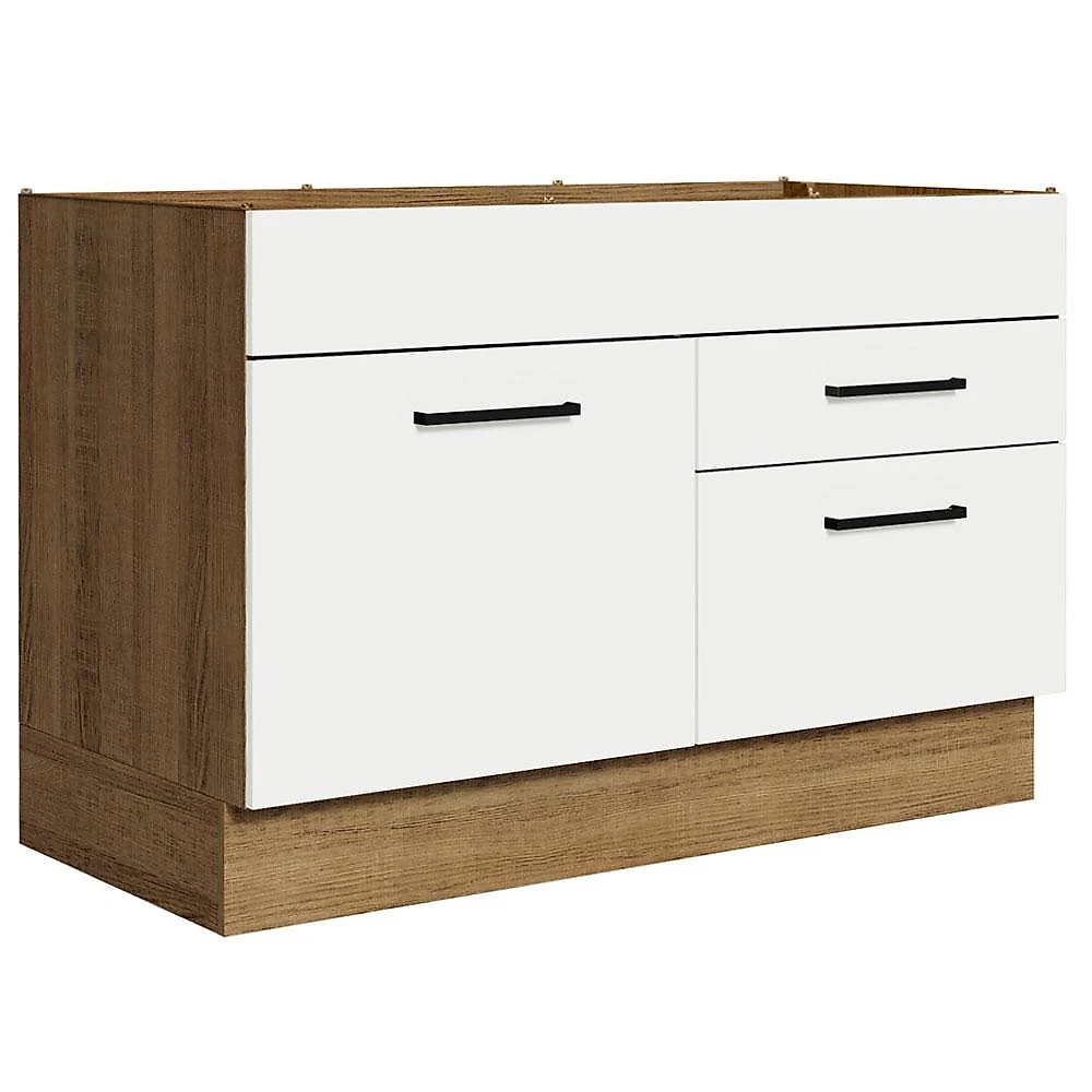 Balcão gabinete de pia cozinha 120 x 60 cm 1 porta 2 gavetas rustic/branco (sem tampo) agata madesa