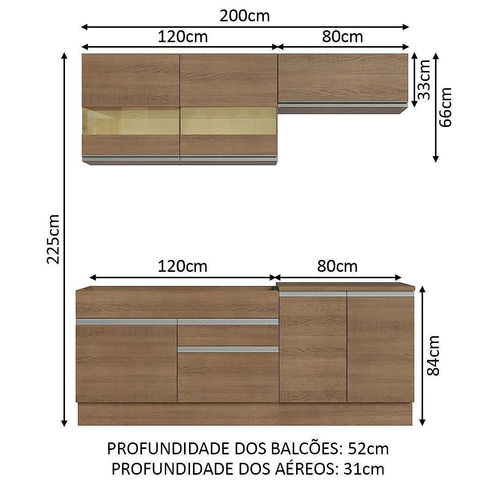 Armário De Cozinha Completa 200cm Rustic Glamy Madesa 07 Rustic