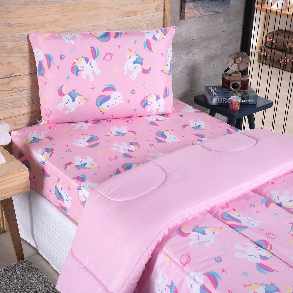 Kit Cama Alegria Infantil Solteiro 3 Peças Micropercal 200 Fios Unicórnio Enxovais Aquarela