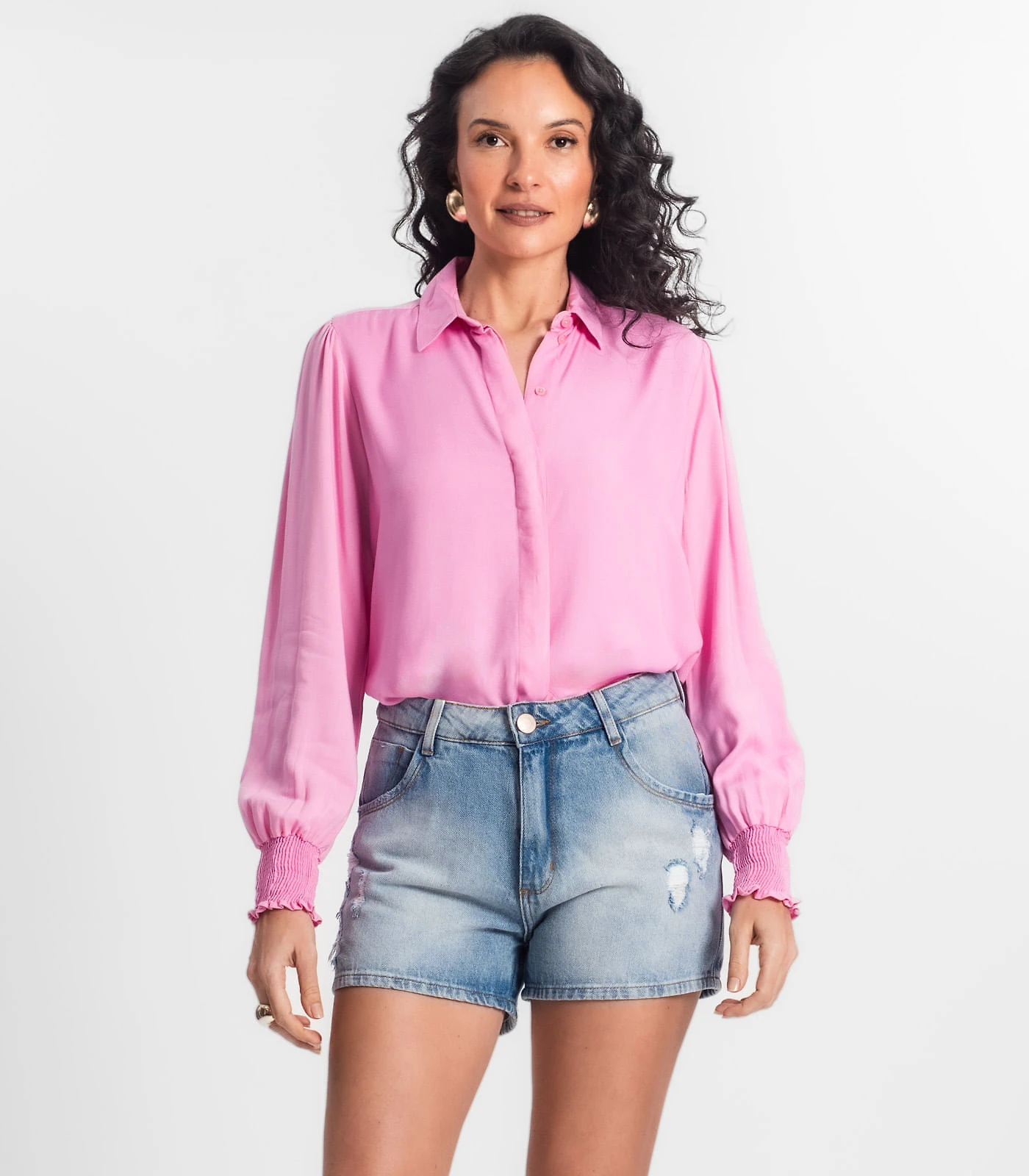 Miniatura Camisa Feminina Manga Longa Punho Lastex Select Rosa G