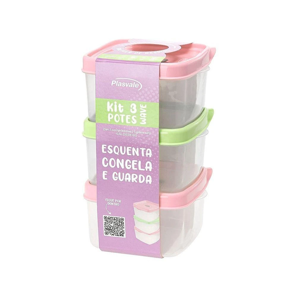 Kit 3 Potes Quadrados Wave 600ml Variado