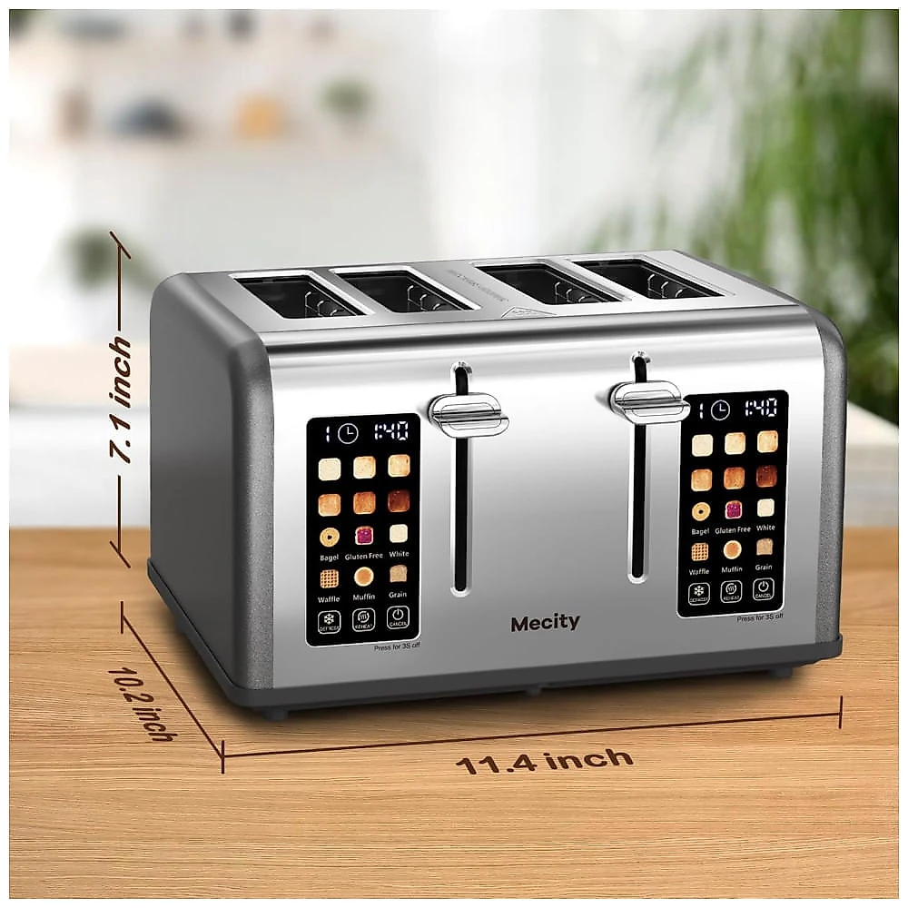 Torradeira Inteligente Mecity 4 Pães, Tela Touch, Entradas Largas, Inox - Ideal para Bagels, Muffins e Waffles