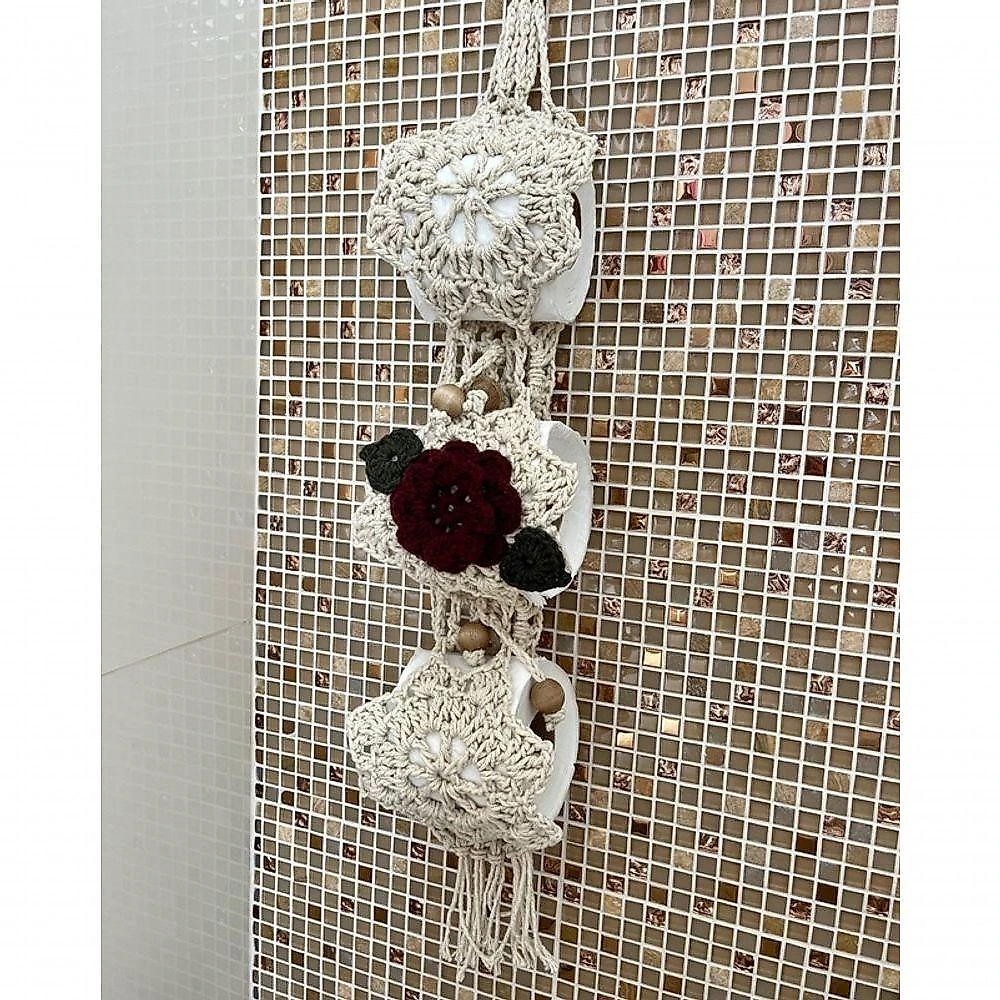 Porta Papel Higiênico Crochê Artesanal Flor Bordado Algodão 3 Lugares Azul