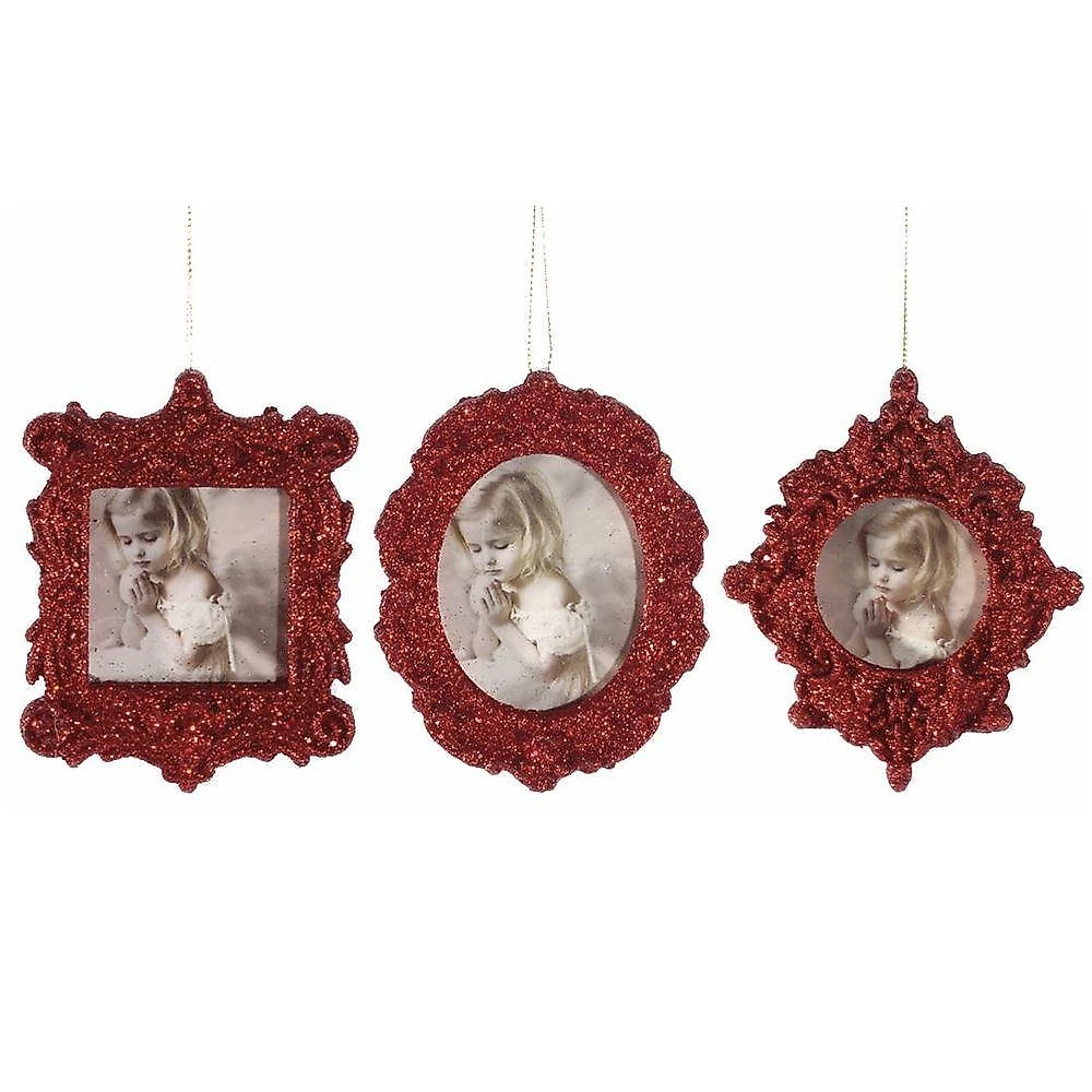 Enfeite Natalino Kit Porta Retrato Gliter Vermelho com Sistema Exclusivo para Fotos 10cm 6 Peças