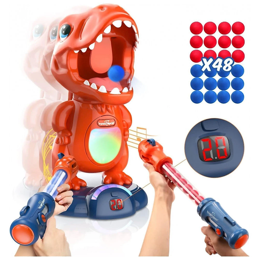 EagleStone Jogo de Tiro com Dinossauro Móvel para Crianças – 2 Armas de Bomba de Ar, 48 Bolinhas de Espuma, Alvo Eletrônico com LED e Som Realista