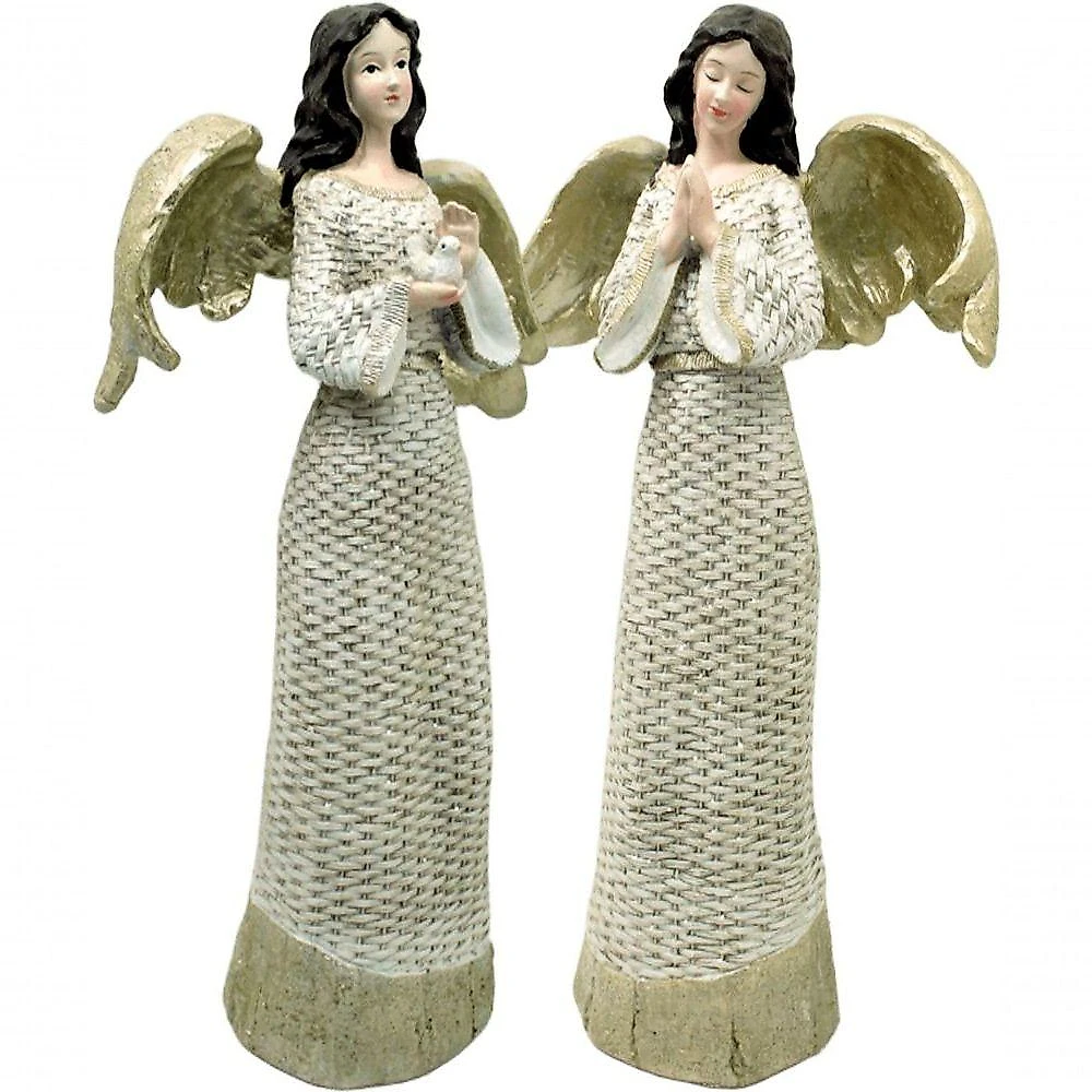 Dupla Anjos Decoração Em Resina Natal Glitter Branco De 38cm