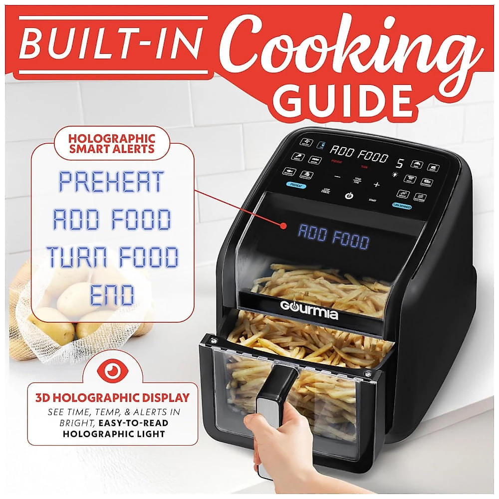 Fritadeira Elétrica Air Fryer Gourmia Preta 6,6L Janela Panorâmica 12 Programas FryForce 360 1500W 110V
