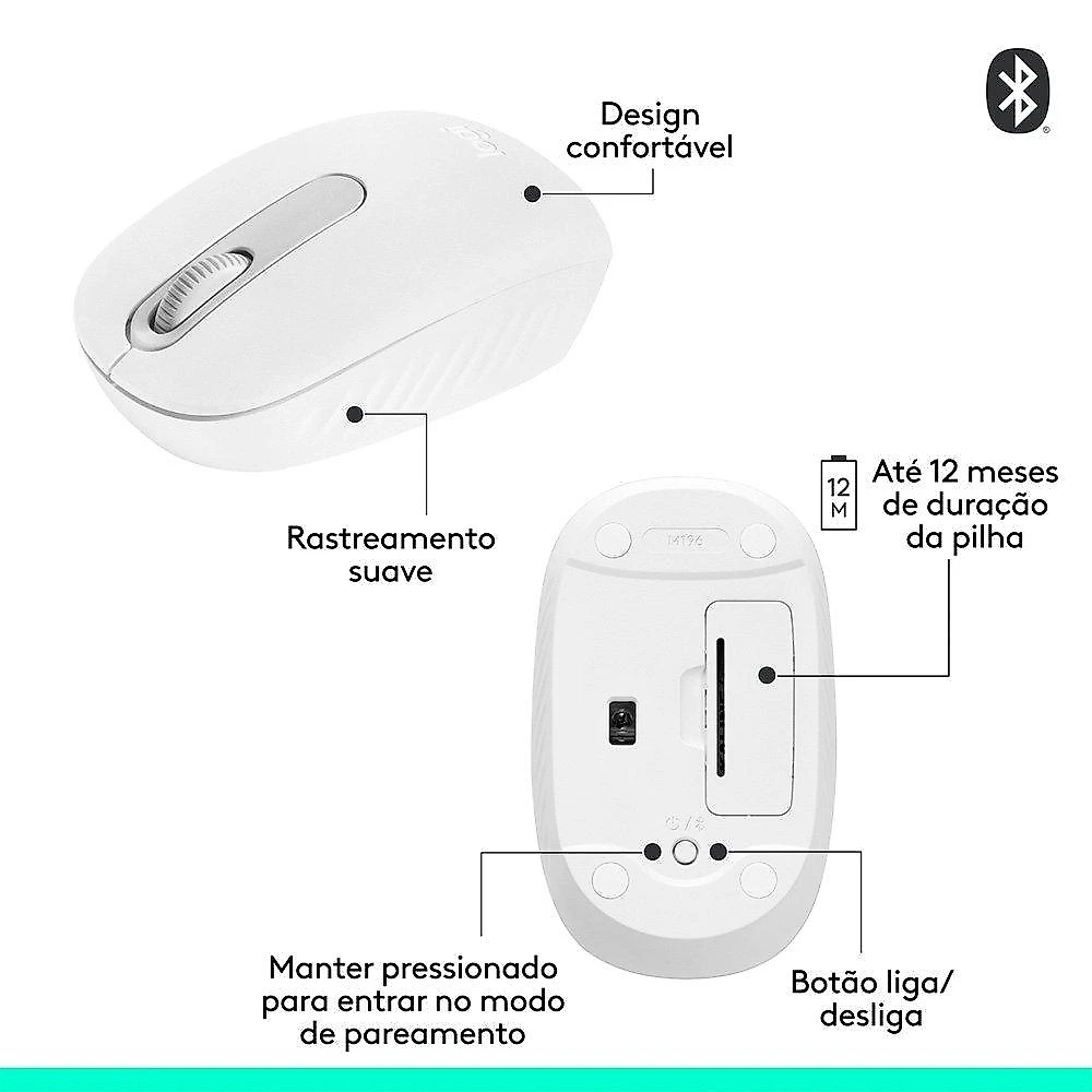 Mouse Sem Fio Logitech M196, Ambidestro Compacto, Bluetooth, Compatível com PC e Mac, Branco - 910-007457
