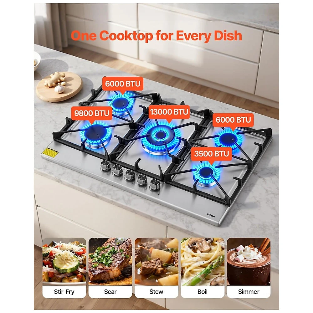 Cooktop a gás 5 bocas VEVOR vidro temperado preto e inox embutir conversível GN/GLP queimadores selados 110V