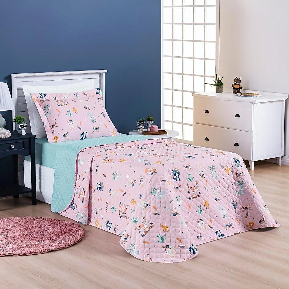 Kit cobre leito solteiro infantil raposa 4 peças micropercal 200 fios