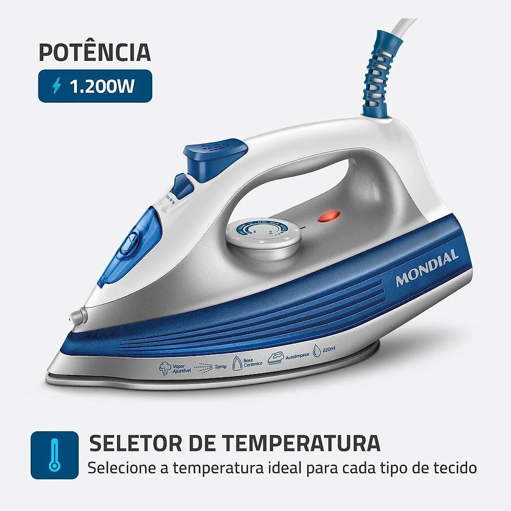Ferro A Vapor Mondial Base Cerâmica Fvn-01-bl Branco/azul 220 V