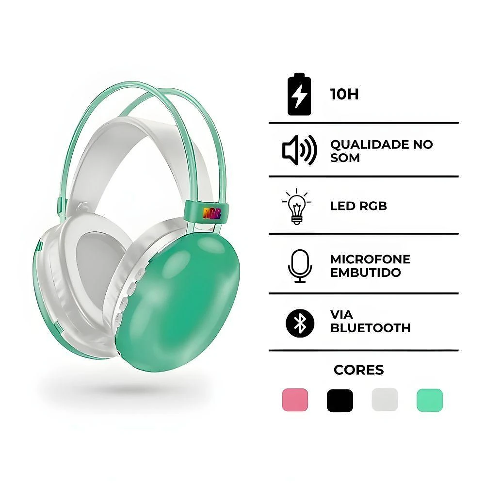 Fone de Ouvido Bluetooth PG580 com Conexão V5.3 sem Fio e Iluminação LED RGB para Jogos e Música