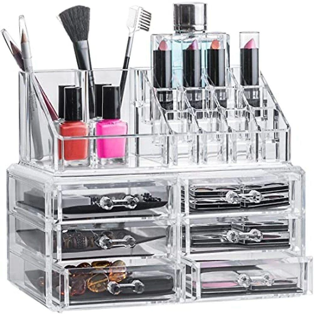 Organizador Maquiagem 6 Gavetas Acrilico Grande 17 Divisorias Porta Batom Cosmeticos Pinceis Caixa Esmalte Joias