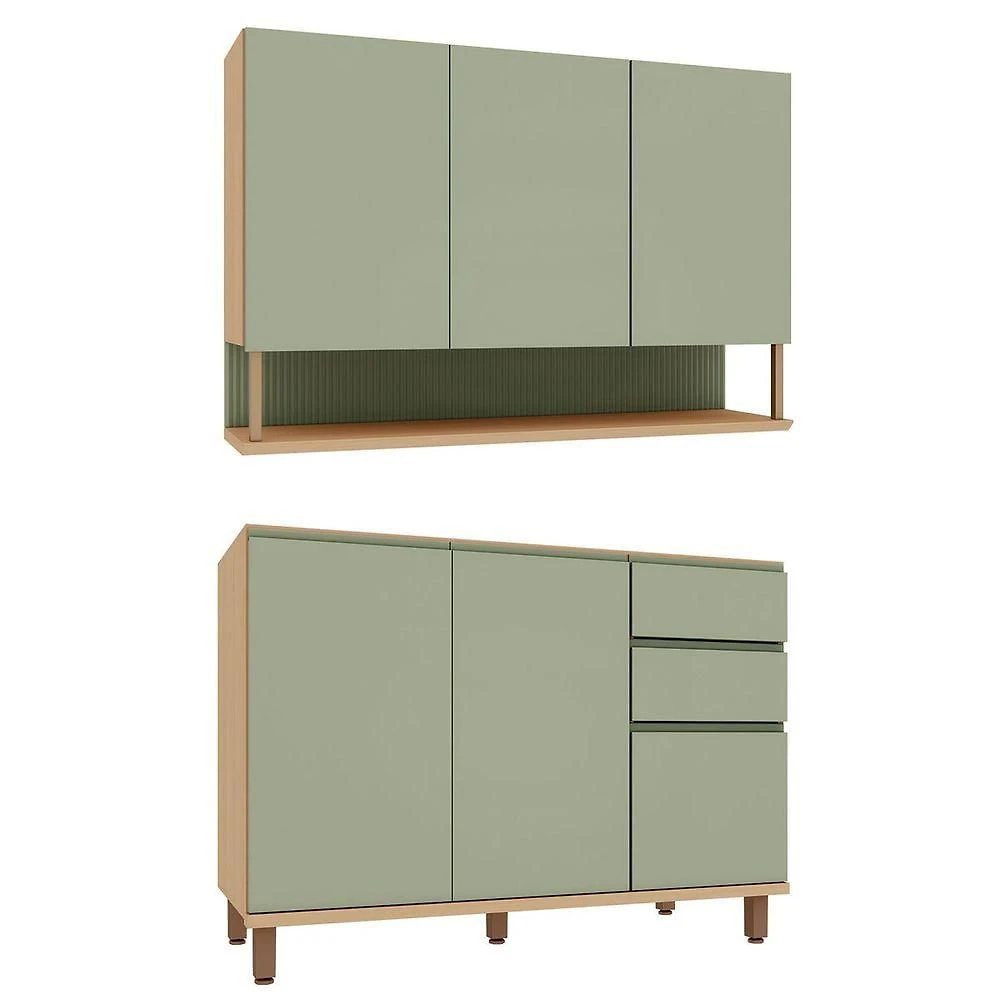 Kit Armário Aéreo e Balcão de Pia Lótus 3 Portas 2 Gavetas MDF 120CM Carvalho e Verde Luciane