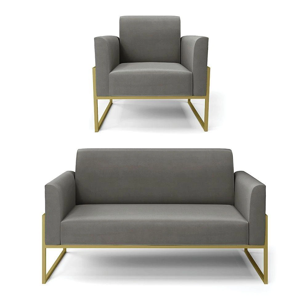 Sofá Namoradeira Com Poltrona Base Industrial Alta Dourado Marisa Suede D03 - D\'rossi Cor Grafite