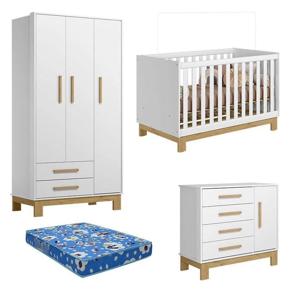 Quarto De Bebê Q Encanto Slim Branco Acetinado Com Colchão Tend Tudo - Qmovi