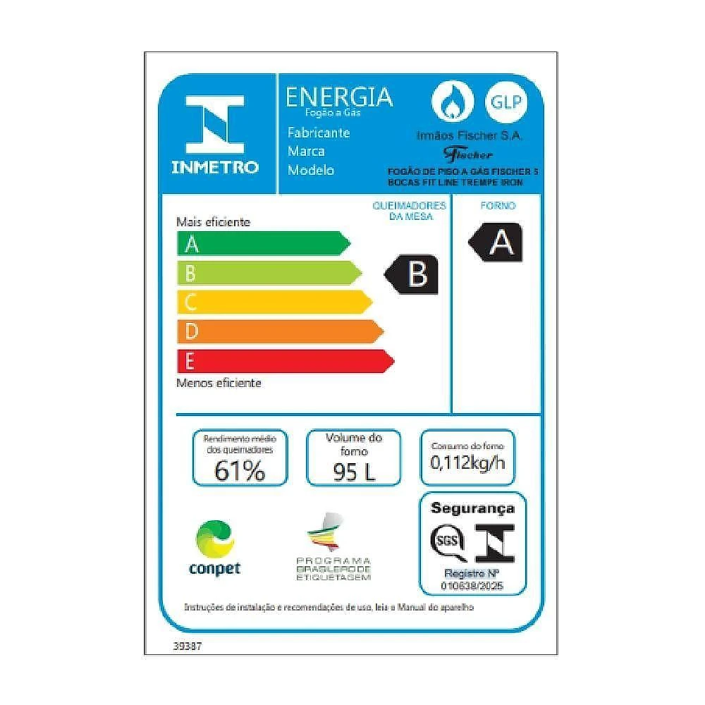 Fogão fischer fit line 5 bocas preto mesa de vidro e trempe iron bivolt