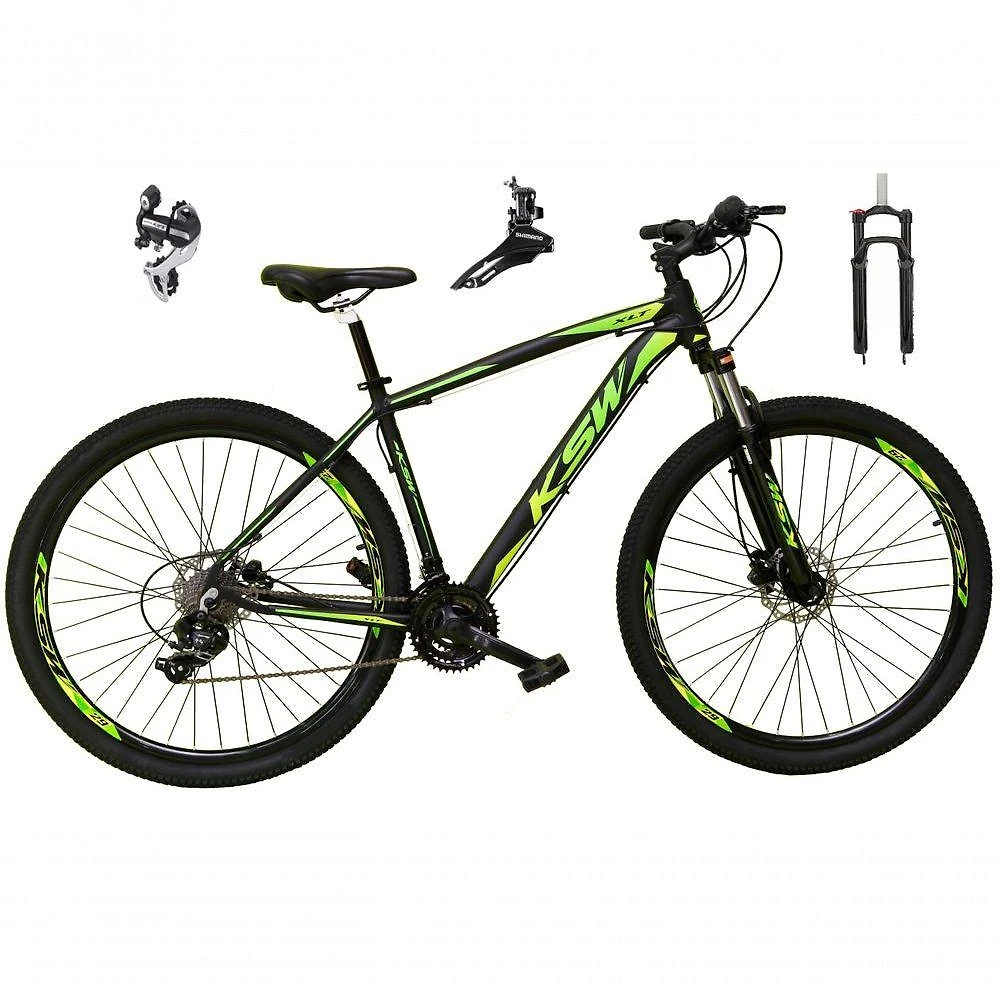 Bicicleta Aro 29 Ksw Xlt 24v Câmbio Shimano Acera K7 Garfo Trava Freio A Disco - Preto-verde Tam.15