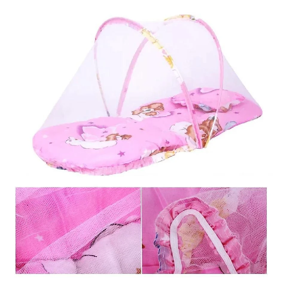 Berço Mosquiteiro Portátil com Colchonete e Travesseiro Rosa para Bebê Yeet