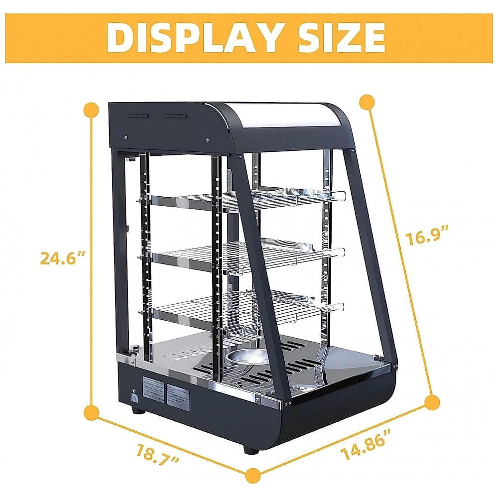 Aquecedor de Alimentos 2 Andares Commercial Preto Aço Inoxidável Vidro Curvo 55x38x38 cm 110V 800W para Restaurantes e Buffet Anpuce