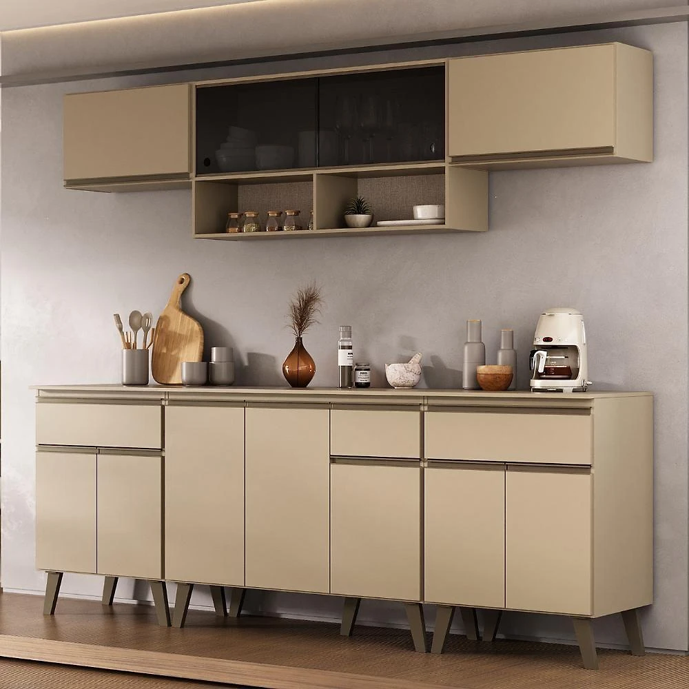 Armário de Cozinha Completa Atlanta Smart 6 Módulos Amêndoa Móveis Carraro
