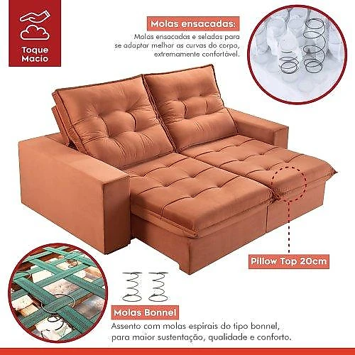 Sofá Retrátil e Reclinável 2 Lugares 230cm Pés em Madeira Maciça Santorini Sofá Retrátil e Reclinável 2 Lugares 230cm M166 Veludo/Terracota
