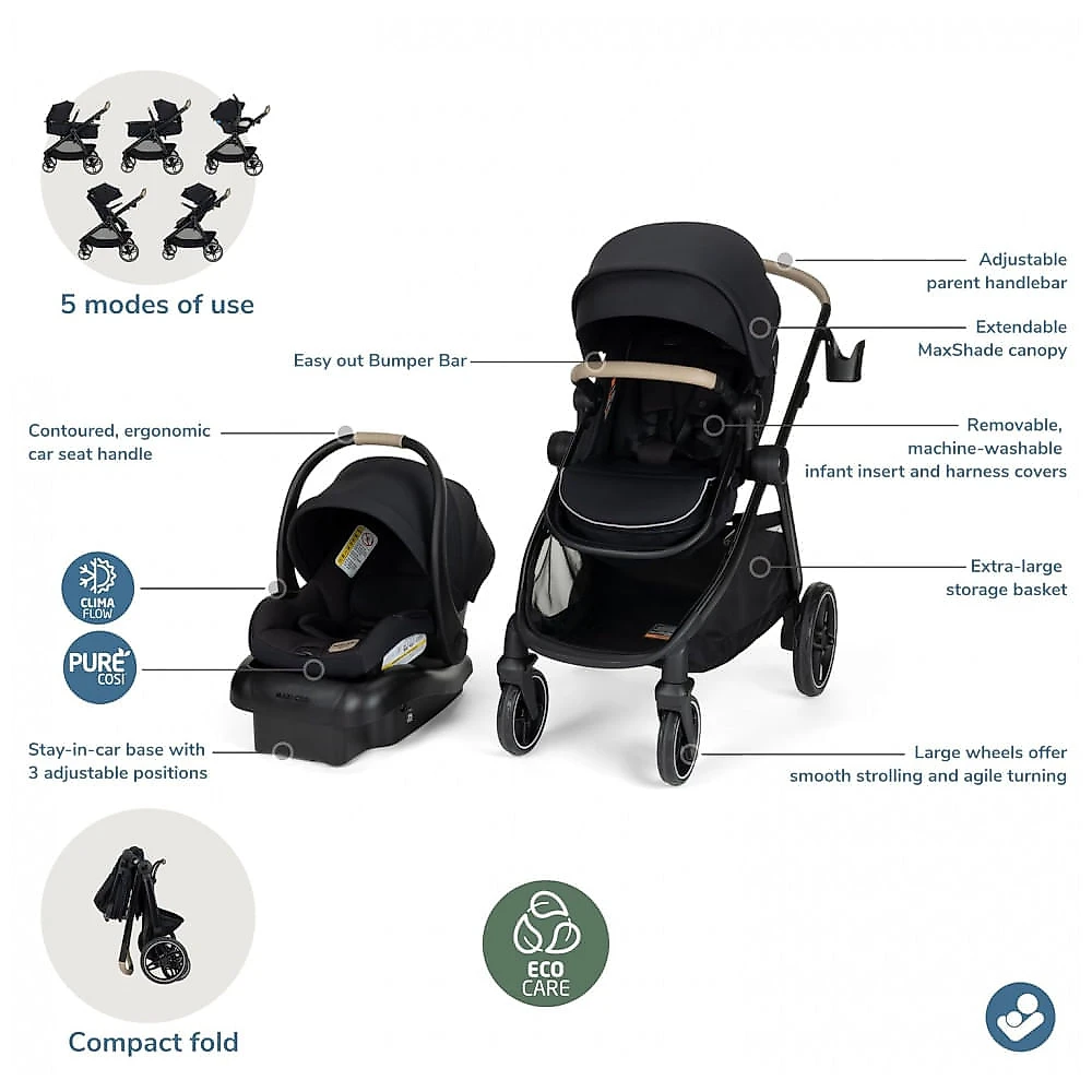 Sistema de Passeio Maxi-Cosi Zelia Pro 5-em-1 com Bebê Conforto Mico Pro Preto Caviar Cáspio