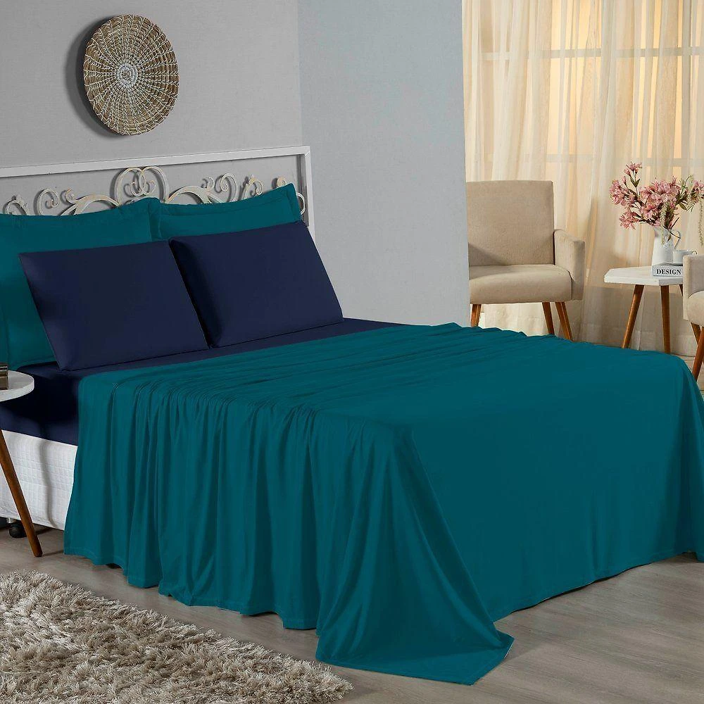 Jogo De Cama King Nobre 4 Peças Lençol Com Elástico De 30cm De Altura Malha 100% Algodão - Petróleo / Azul-marinho