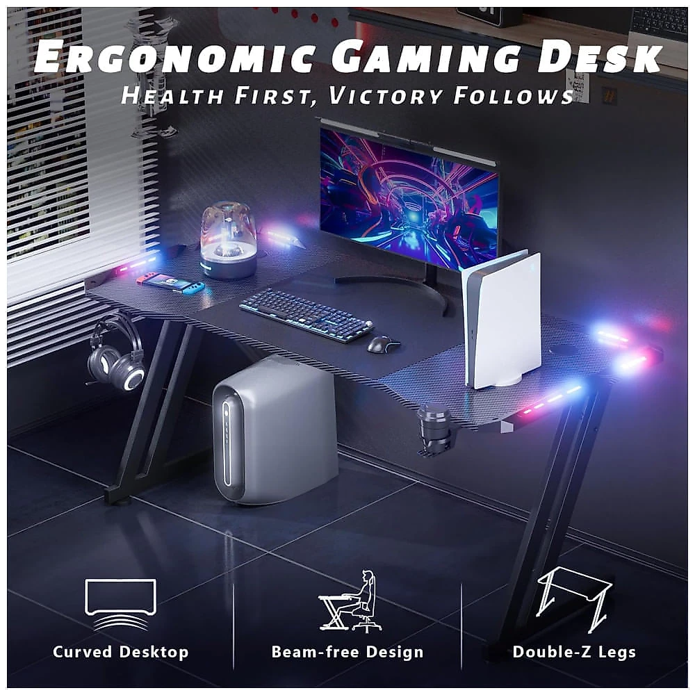 Mesa Gamer Ergonômica 63" 160 cm com Superficie de Fibra de Carbono, Gancho para Fone de Ouvido, Luz LED e Porta-Copos, 110V, HLDIRECT MLDD63, Preto 110v