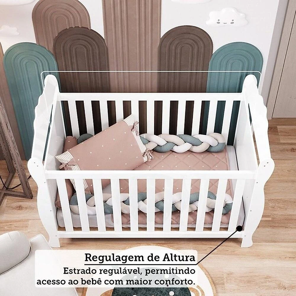 Quarto de Bebê com Guarda-roupa 4 Portas e Berço Minicama 100% Mdf Nina Espresso Móveis Branco Brilho