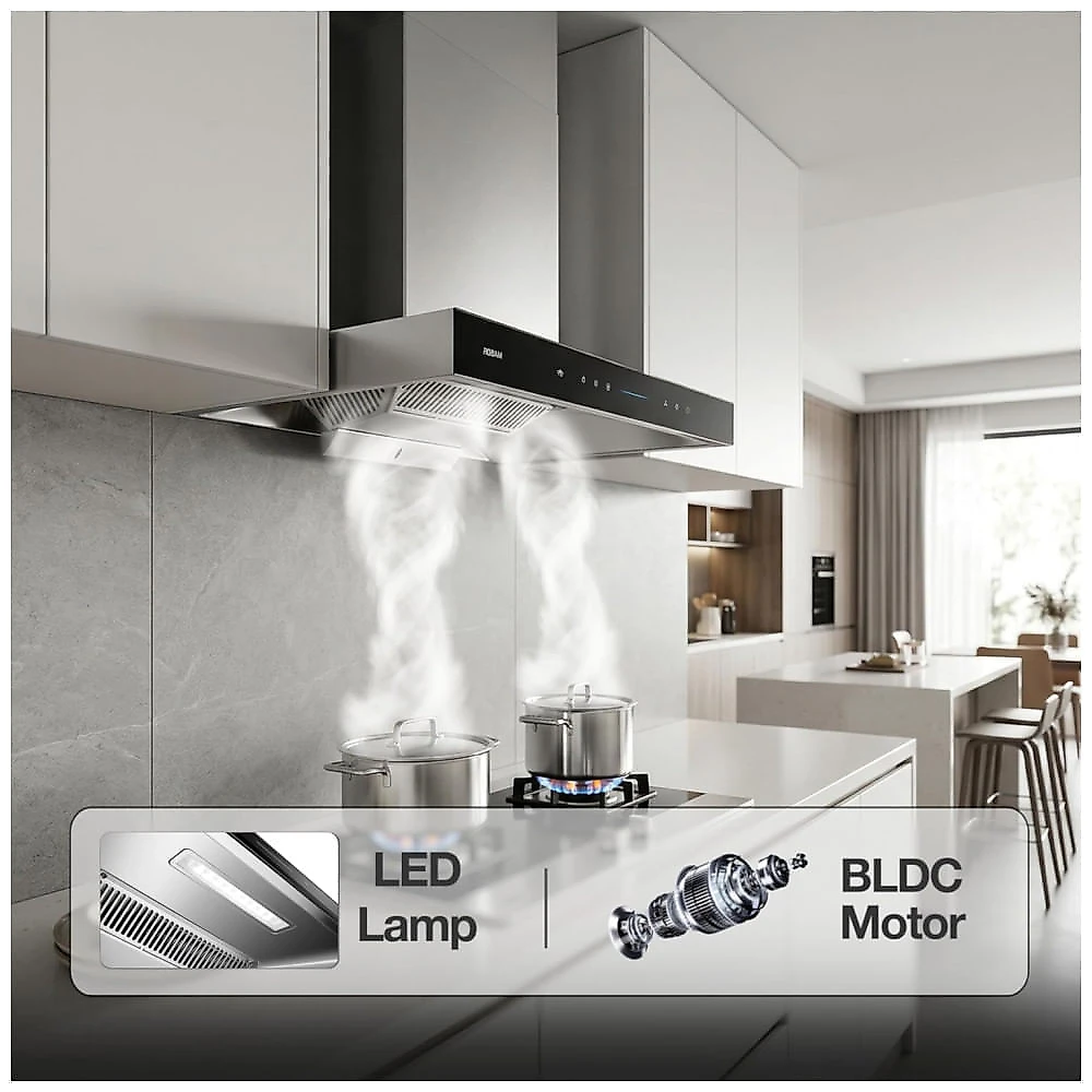Coifa de Parede Robam 86H1S Prata Escovada 76cm, 2210 m³/h, Motor BLDC, Controle por Gestos, 120V