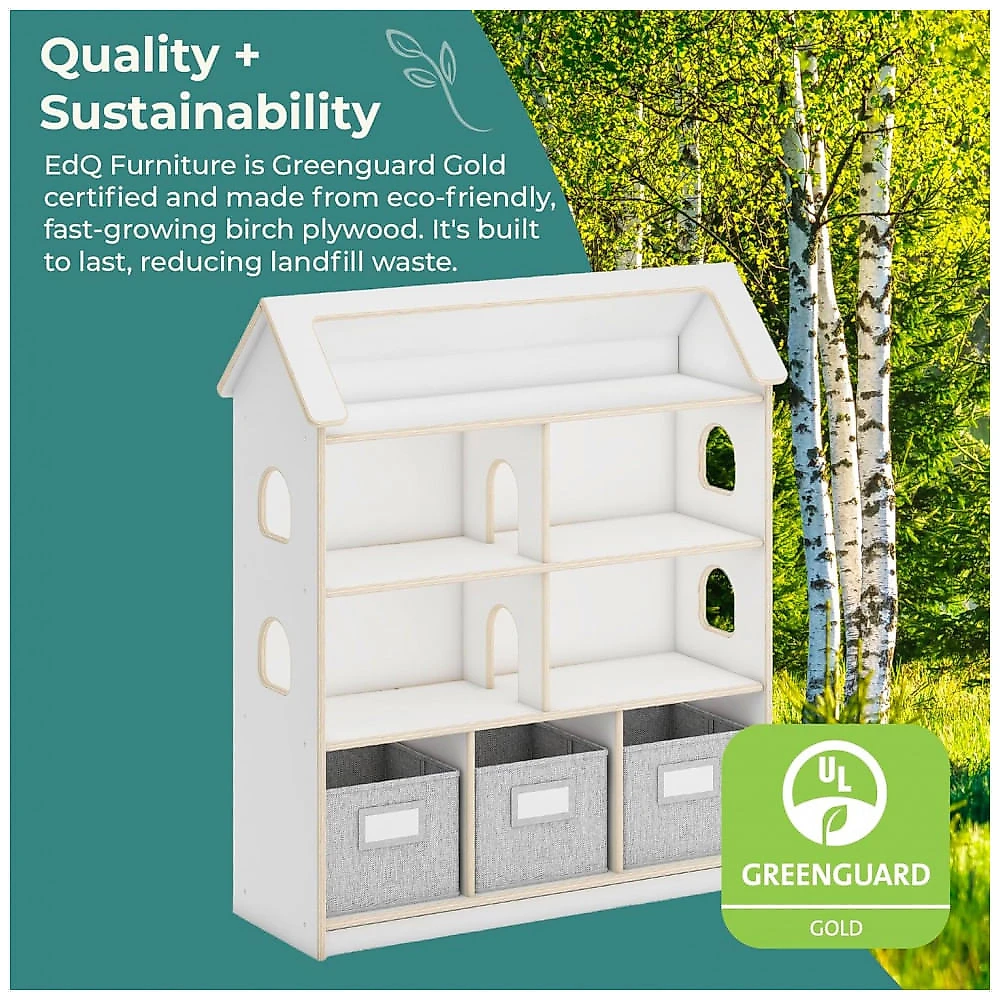 Estante casinha infantil Guidecraft EdQ Dollhouse Bookcase Branca com prateleiras e 3 caixas de tecido 94cm