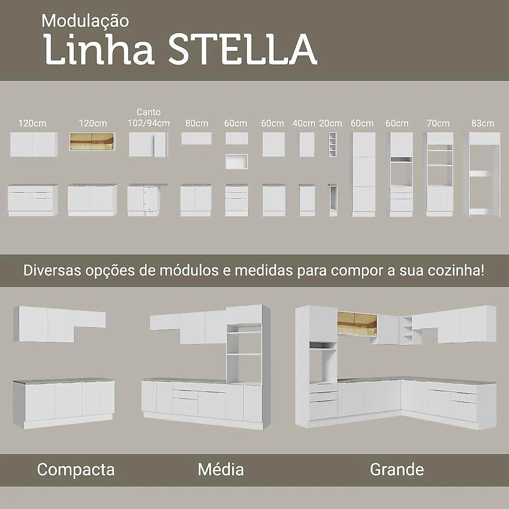Balcão de pia cozinha 2 portas e 3 gavetas (com tampo) branco stella madesa